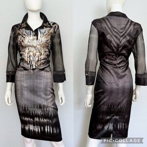 NWT WOMEN PLUS SIZE SILK FORMAL DRESS ANIMAL PRINT 3/4 SHEER SLEEVES BLACK SATIN